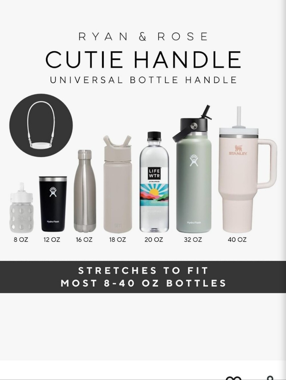 Ryan & Rose White Cutie Handle - Universal Water Bottle Strap & Holder